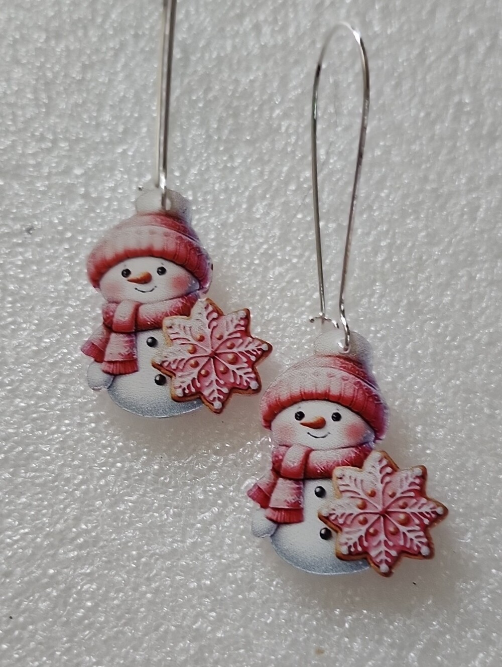 Hand Crafted Pink Snowman & Snowflake Earrings